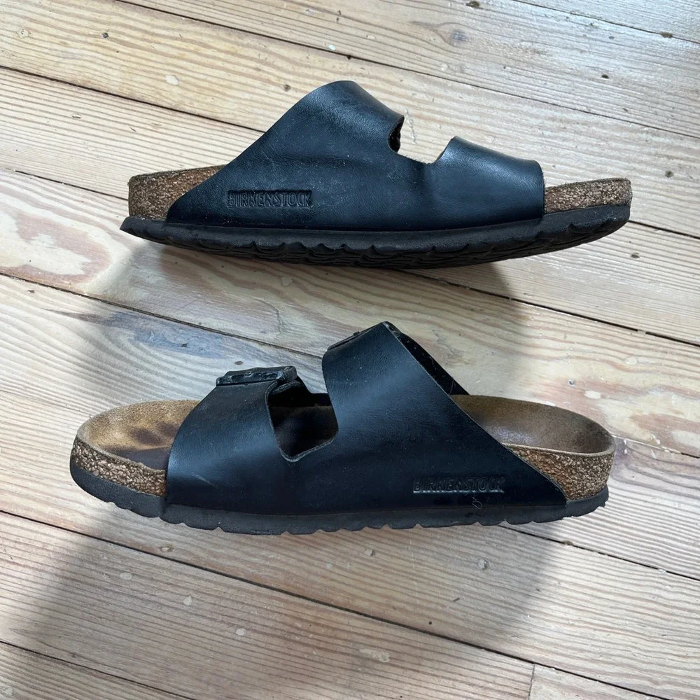 Birkenstock Arizona Black Leather Two Strap Sandals Slides boho 37 L6 neutral - Picture 3 of 9